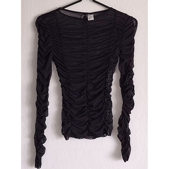 H&M Tops - H&M Ruched Mesh Top NWOT Black Sheer Long Sleeve Fitted Crop Going Out Sz XXS